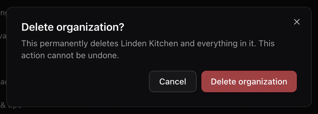 The confirmation before deleting Linden Kitchen, with its Cancel and Delete organization buttons.