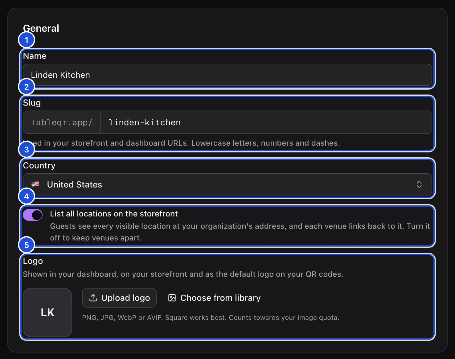The General section of Linden Kitchen's settings: its name, its link, the United States as its country, the location list switched on and an empty logo.