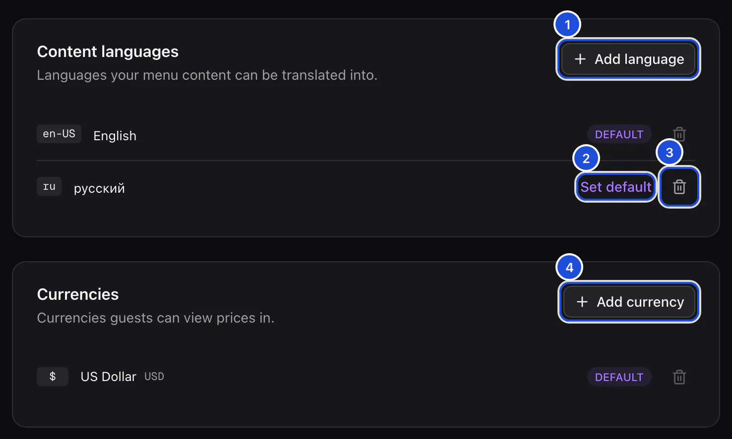 The Localization section: English, the default, and Russian under Content languages; the US dollar, the default, under Currencies.