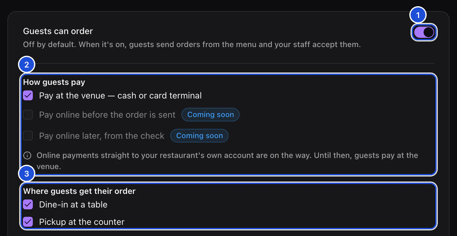 Organization settings, Ordering: ordering switched on, paying at the venue, dine-in and pickup offered.