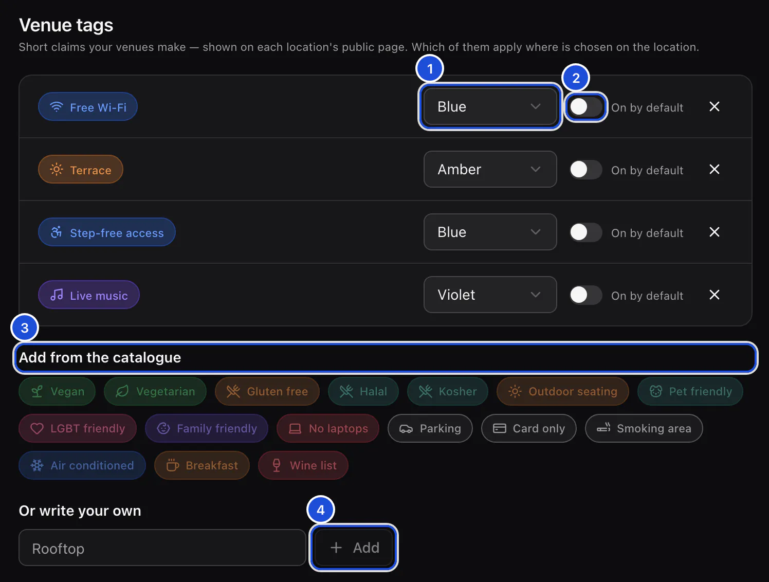 Settings, Tags: four venue tags with their colours and default switches, the catalogue of tags still to add and the field to write your own.