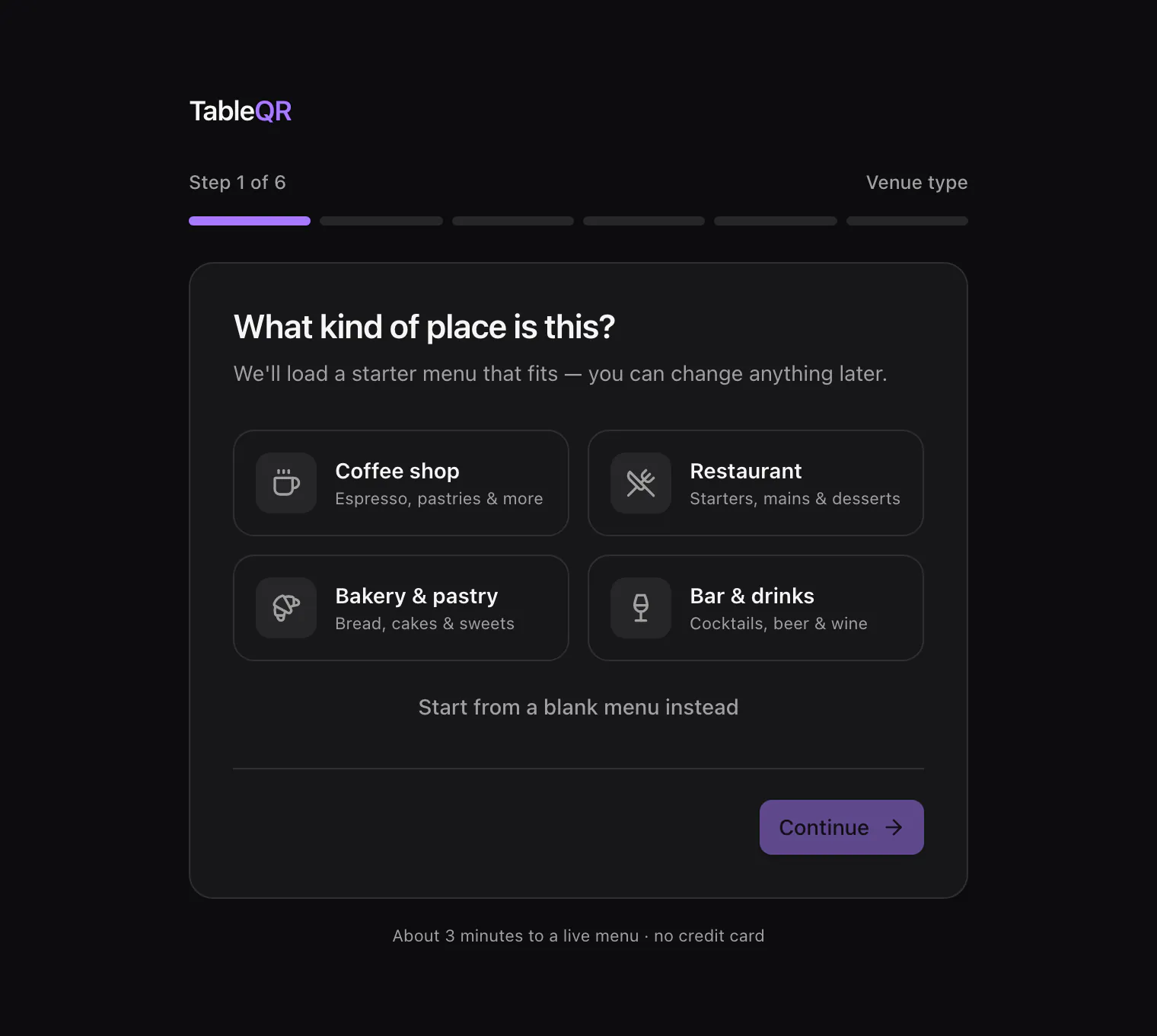The first step of the setup wizard, step 1 of 6: four kinds of venue to pick from, a link to start from a blank menu, and the Continue button.
