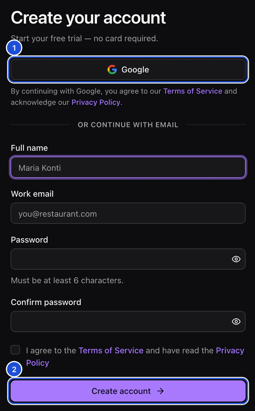 The sign-up form: the Google button, then full name, work email, password, the terms checkbox and the Create account button.
