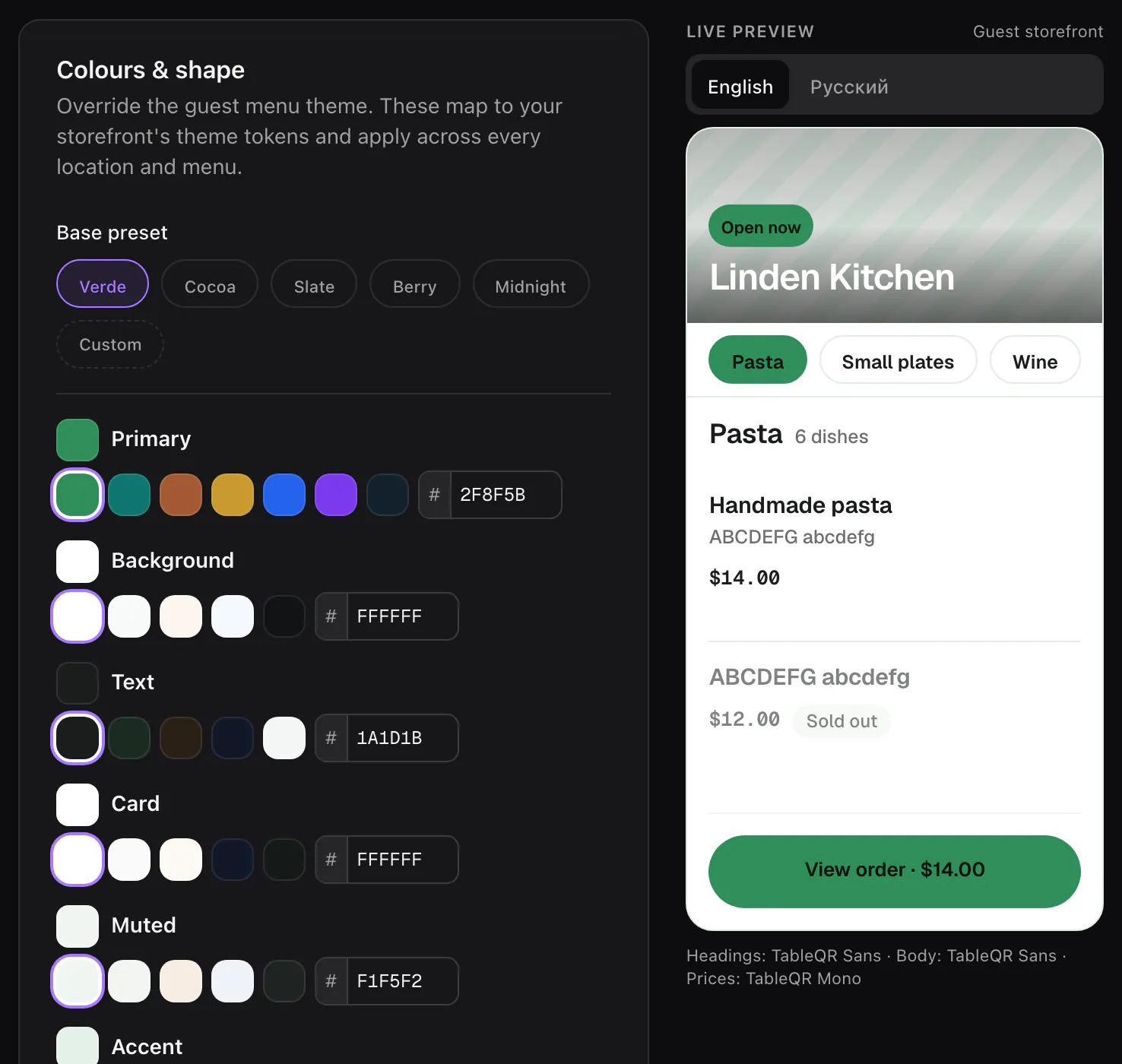 Settings, Appearance: the colour presets, the main colours with their swatches, and a live preview of the guest menu.