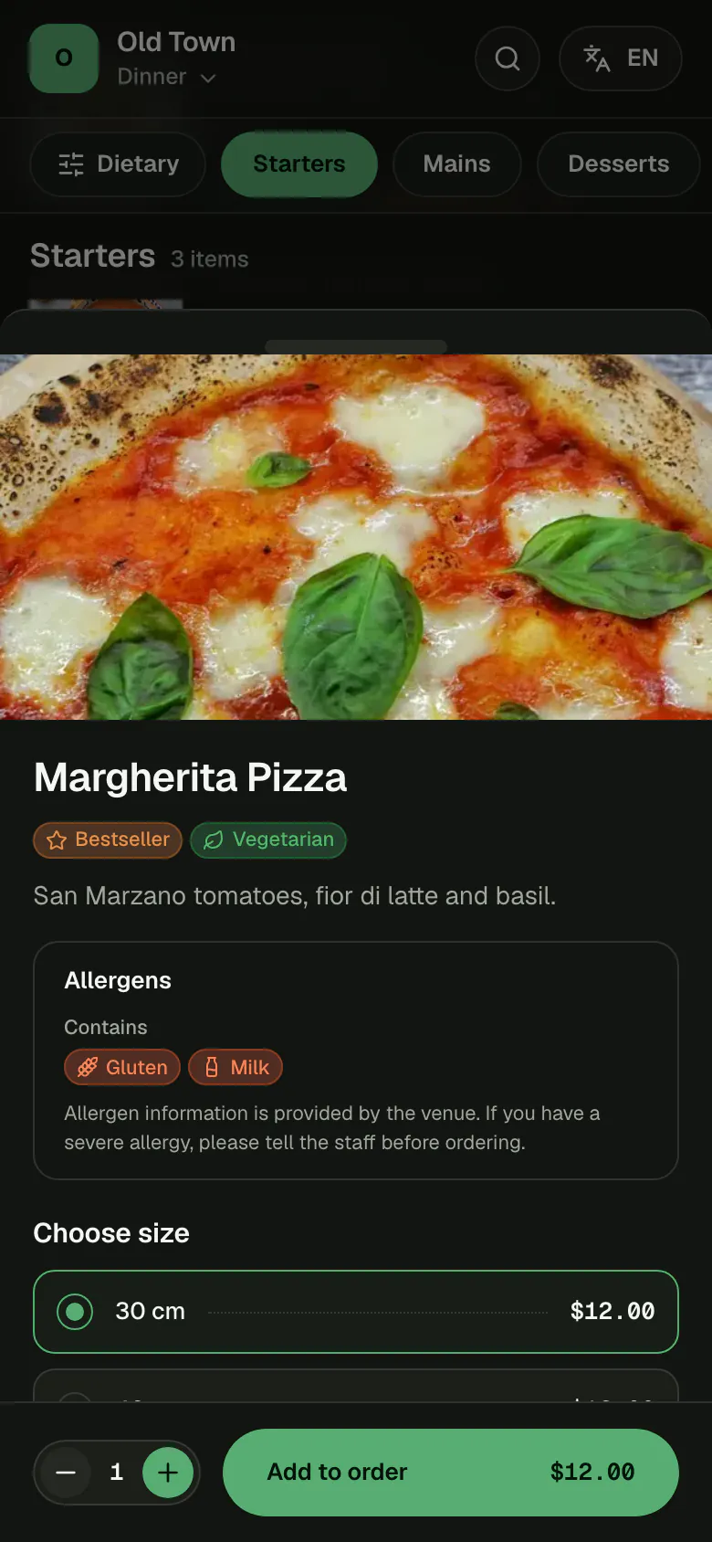 A dish opened on a phone: a large photo, badges and tags, the description, its allergens, the sizes to choose from and the Add to order button.