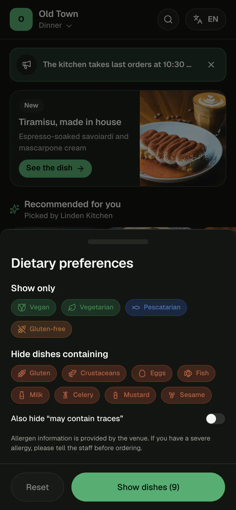 The dietary preferences sheet: dietary tags to show only, allergens to hide, and a switch for traces.