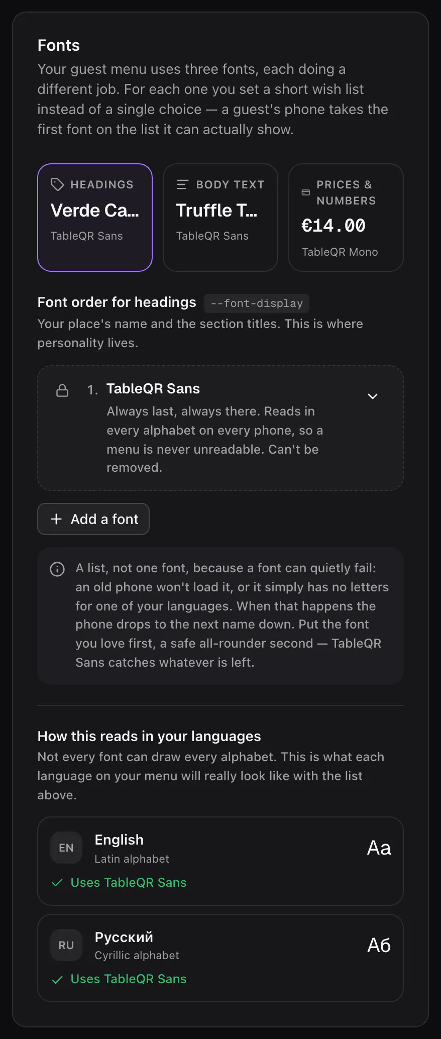 The Fonts card: the three font roles, the font list for headings, and how the menu reads in English and Russian.