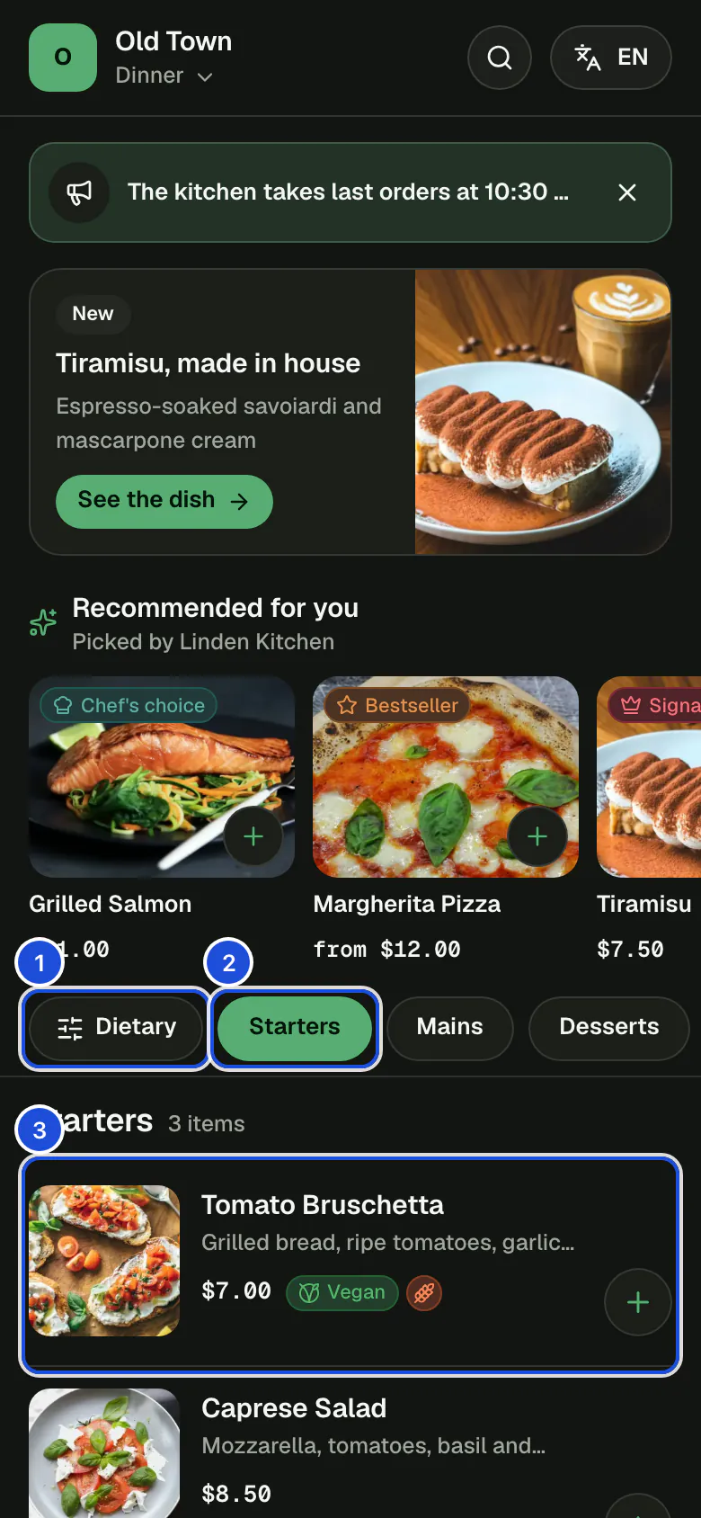 The Old Town dinner menu on a phone: the header, a banner, an offer and recommended dishes at the top, then the dietary filter, the category chips and the first dish card.