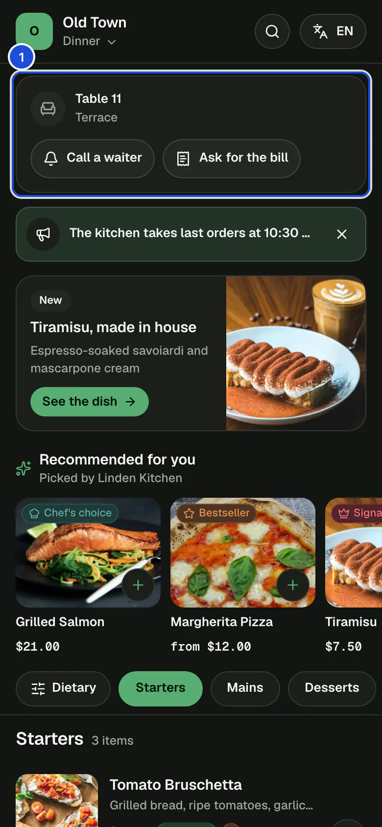 The Old Town dinner menu on a guest's phone: dishes with photos, prices and dietary tags.