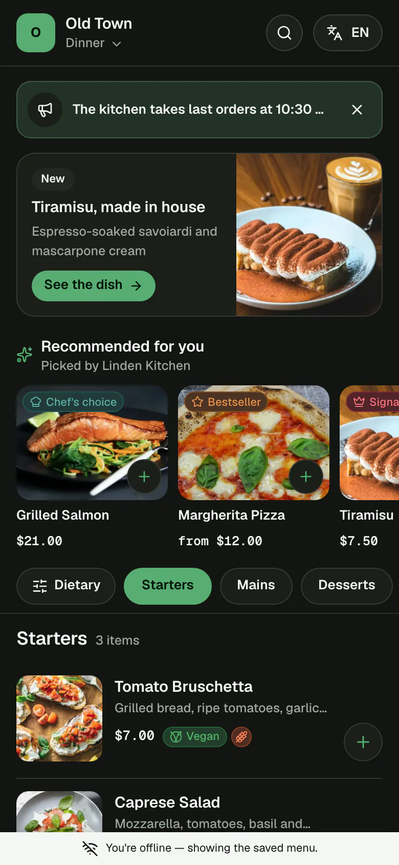 The guest menu on a phone with no connection: the dishes are still shown, and a bar at the bottom says the guest is offline and seeing the saved menu.