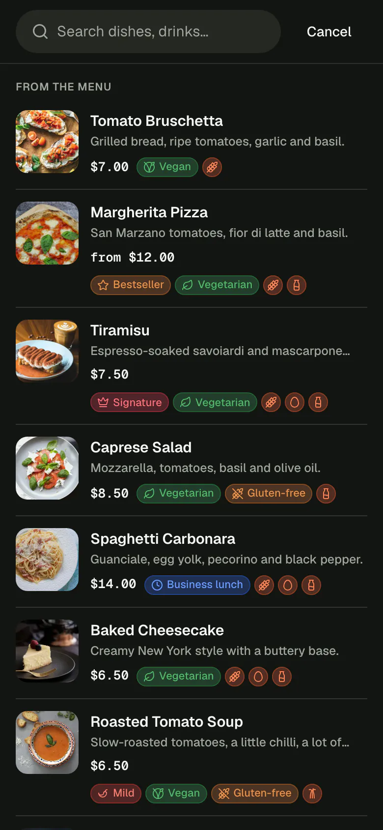 Search open on a phone, suggesting dishes from the menu before anything is typed.
