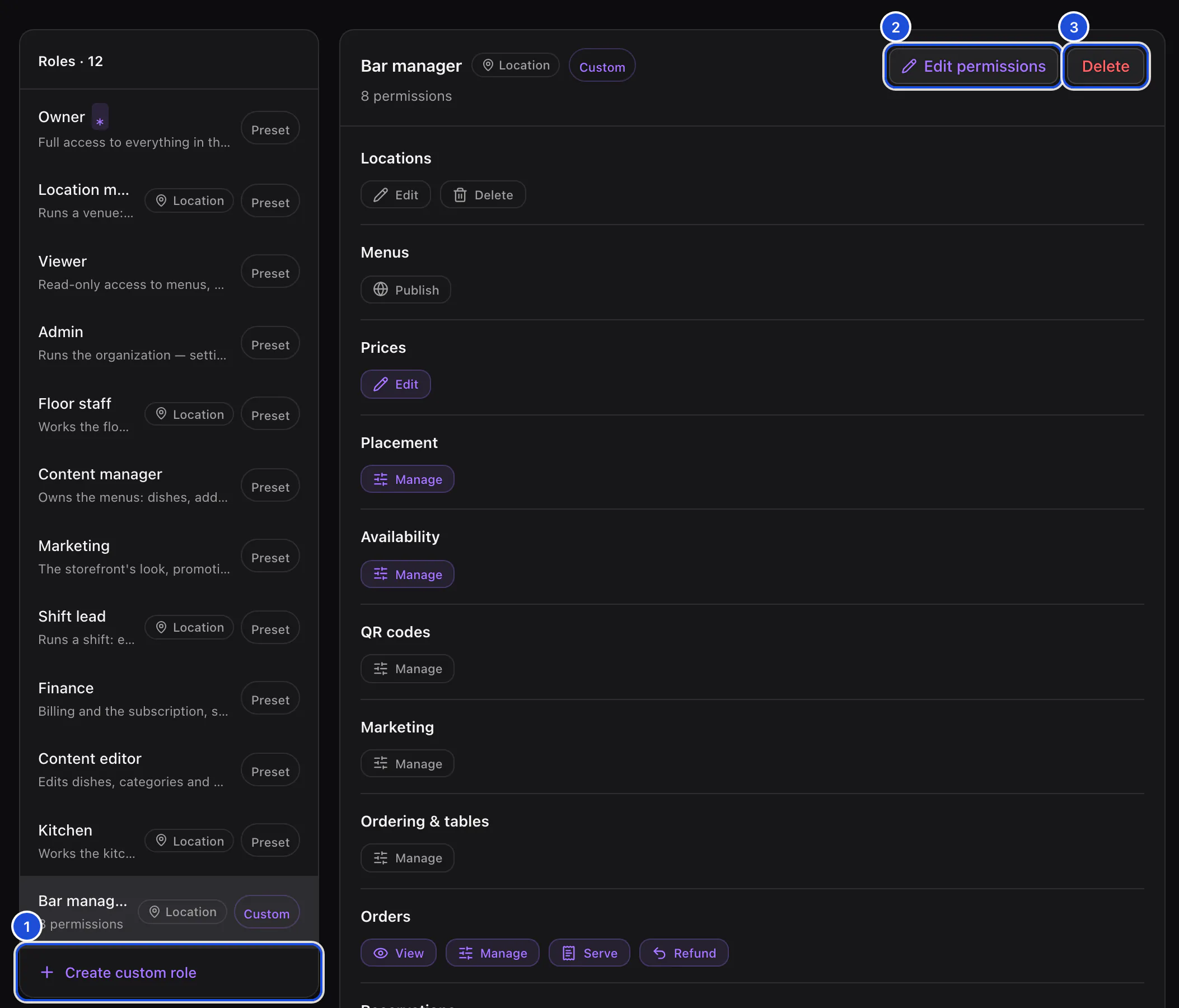 The Roles tab with the custom Bar manager role selected: a location role with its permissions, the Edit permissions and Delete buttons.