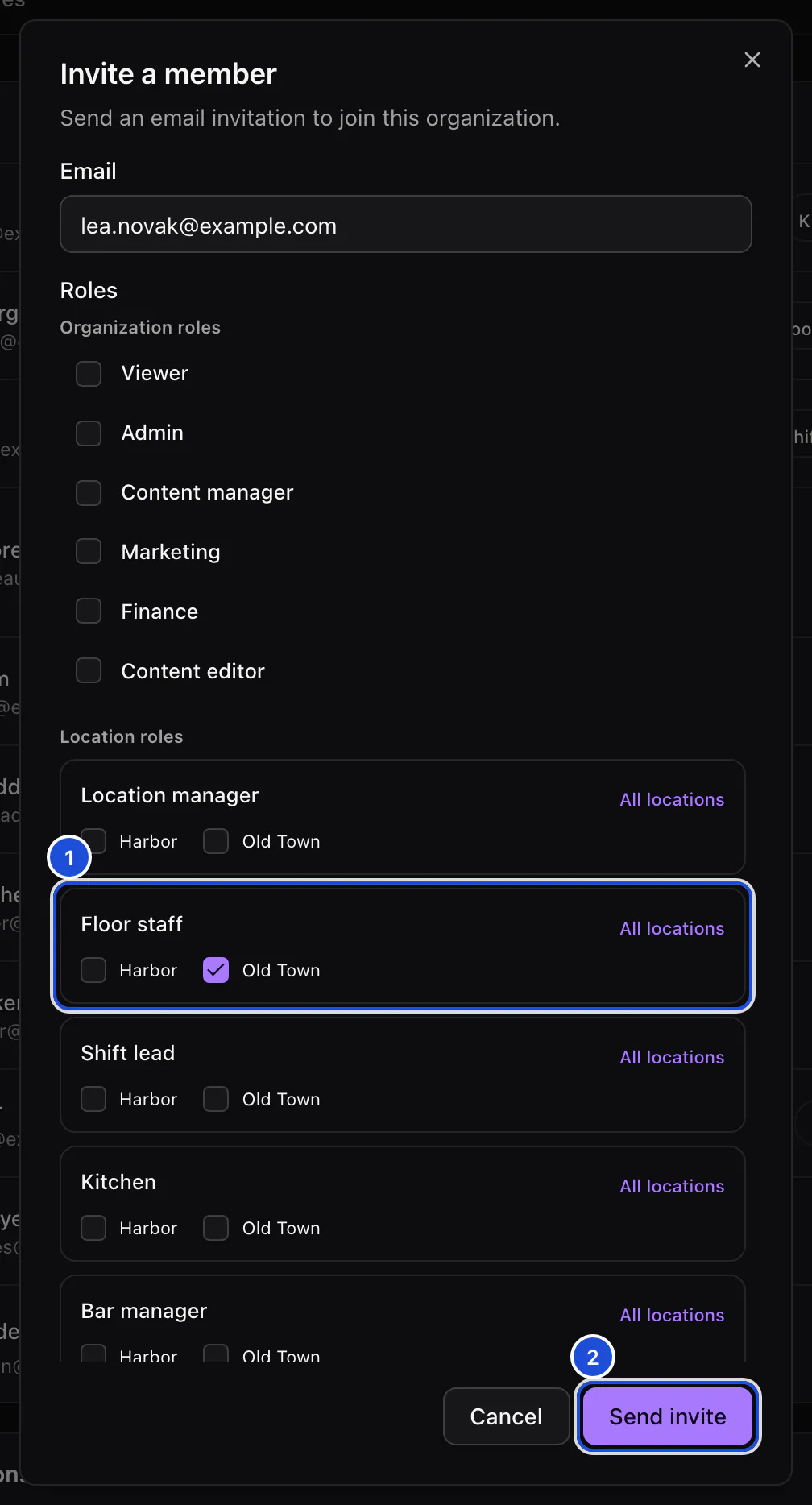The Invite a member dialog: an email address entered, the organization roles unticked and Floor staff ticked at Old Town.