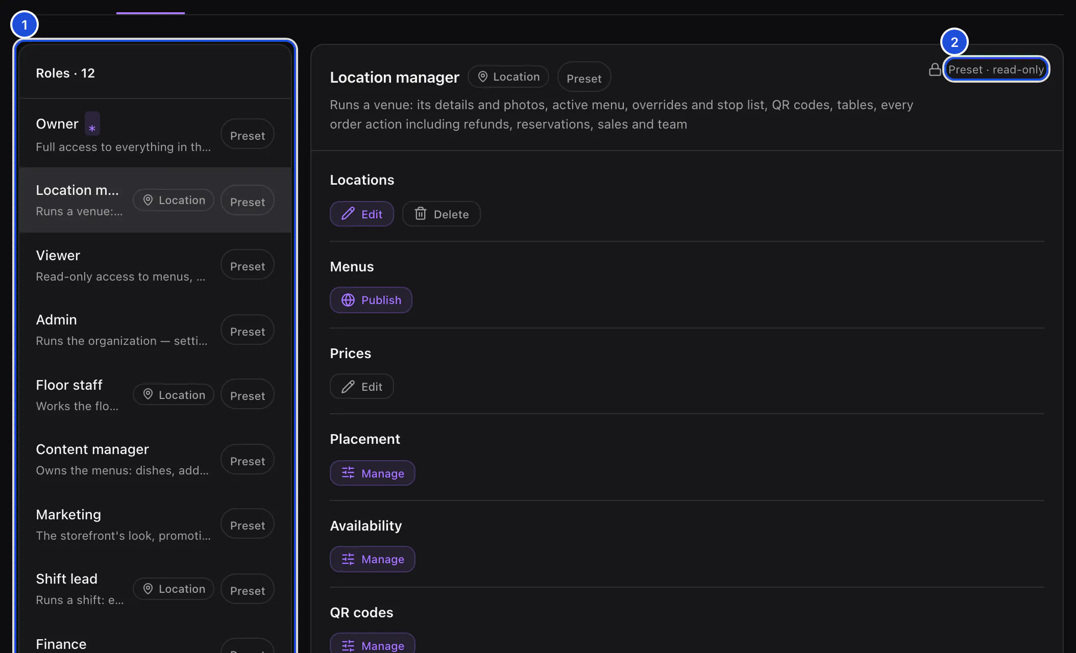 The Roles tab: the list of preset roles with Location manager selected, its permissions shown on the right and marked read-only.