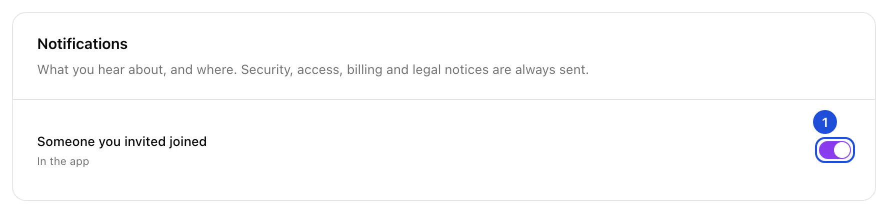 The Notifications card: one switch, Someone you invited joined, in the app, switched on.