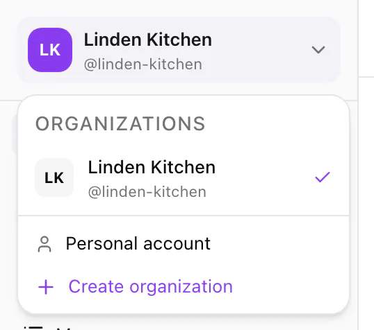 The organization switcher open at the top of the sidebar: Linden Kitchen with a tick, then Personal account and Create organization.