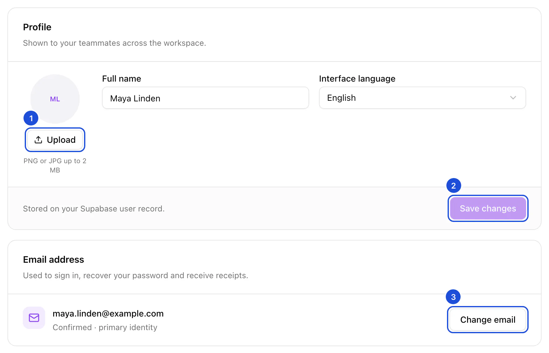 The top of the account page: the Profile card with Maya Linden's initials, her full name and the interface language, then the Email address card.