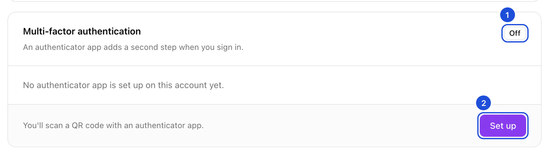 The Multi-factor authentication card, switched off, with the Set up button.