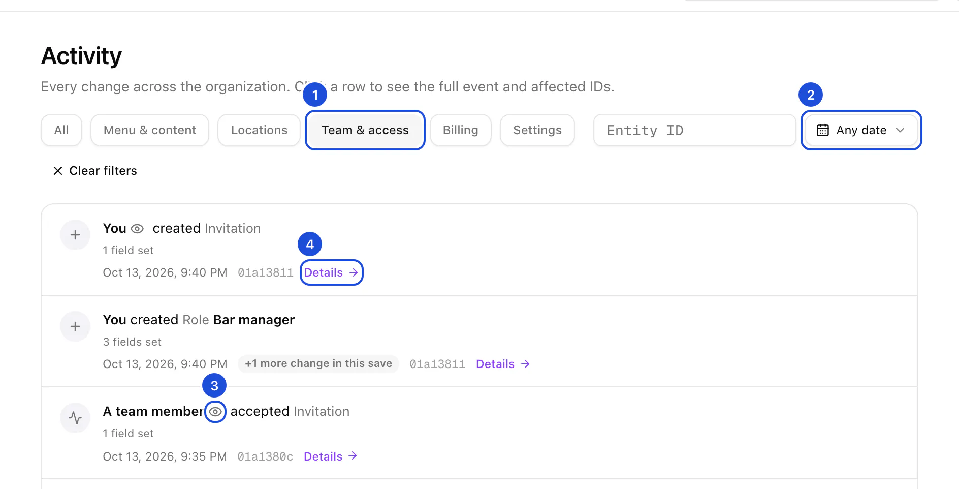 The Activity page filtered to Team & access: a role and invitations created by you, an invitation accepted by a team member, each with its time and a Details link.