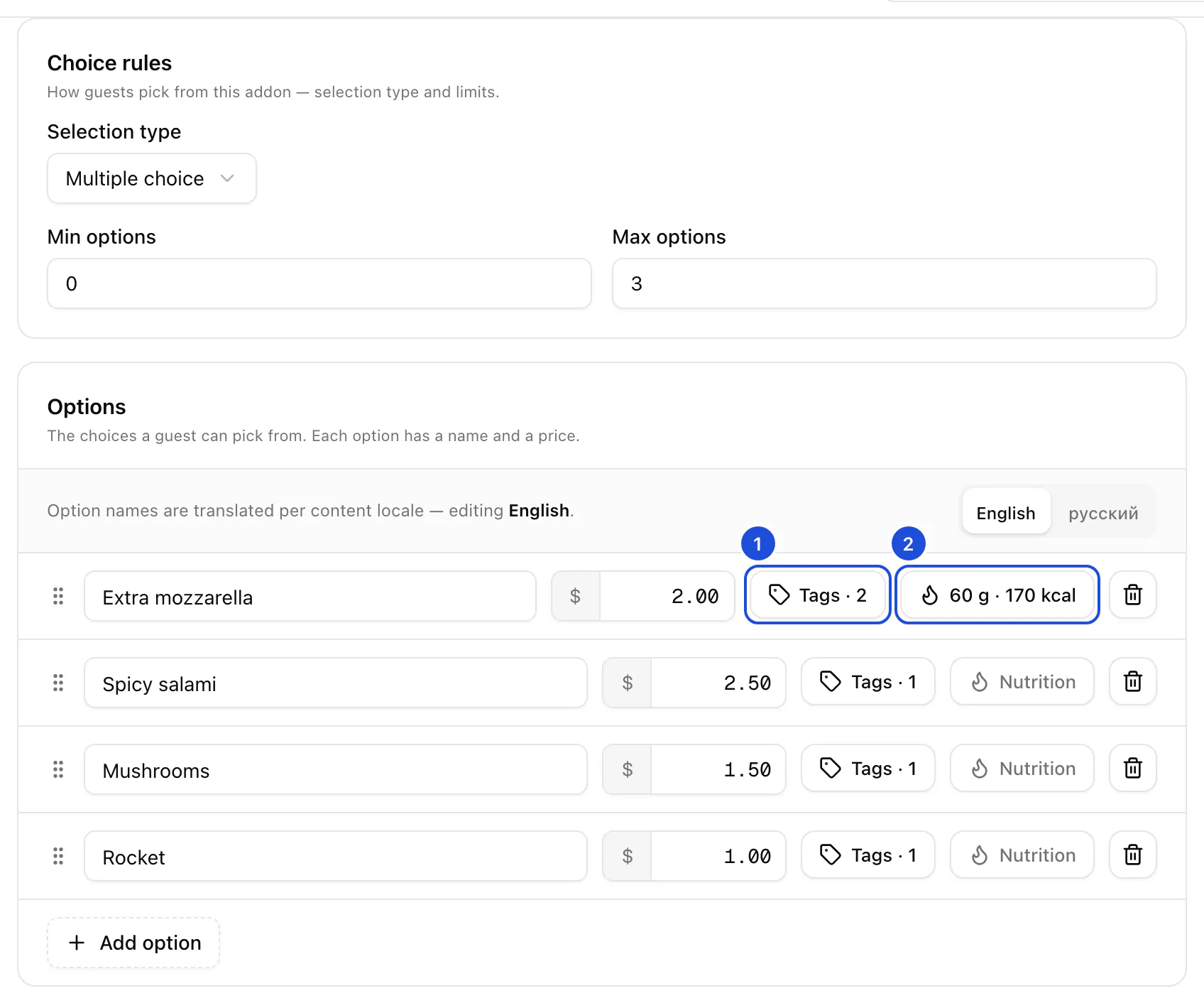 The add-on form: Choice rules with Multiple choice, minimum 0 and maximum 3, and the options with their names, prices, Tags and Nutrition buttons.