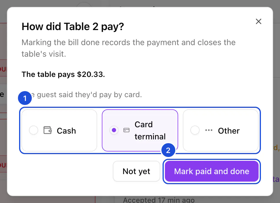 The dialog for table 2's bill: what the table pays, the guest's wish to pay by card, and the payment methods.