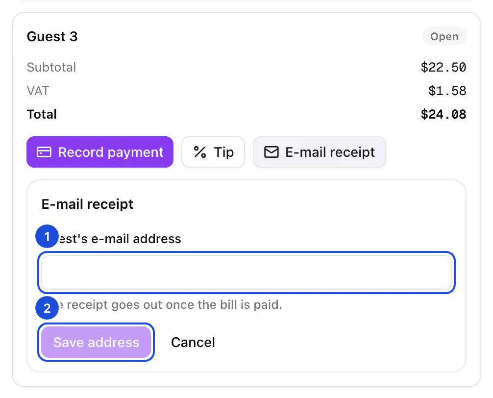 Guest 3's bill at table 4 with the receipt form open: the guest's email address and the button that saves it.