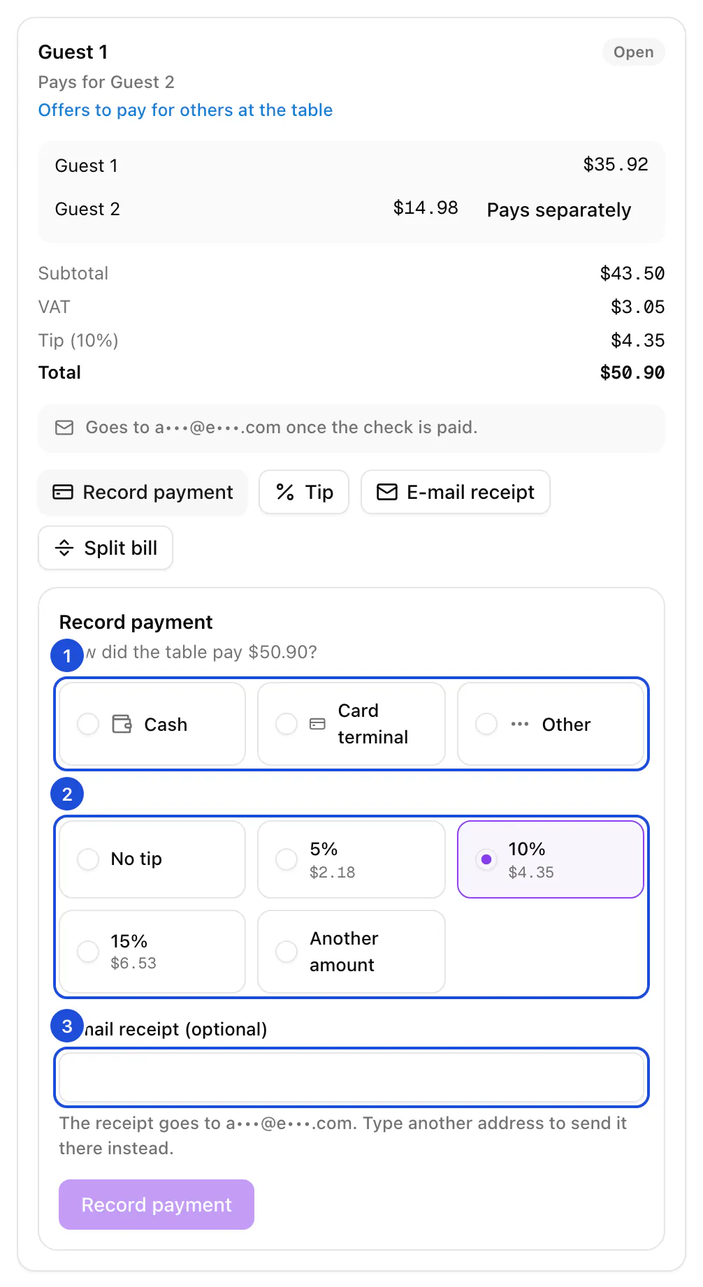 Table 4's bill for Guest 1 and Guest 2 with the payment form open: the method, the tip and the receipt address.