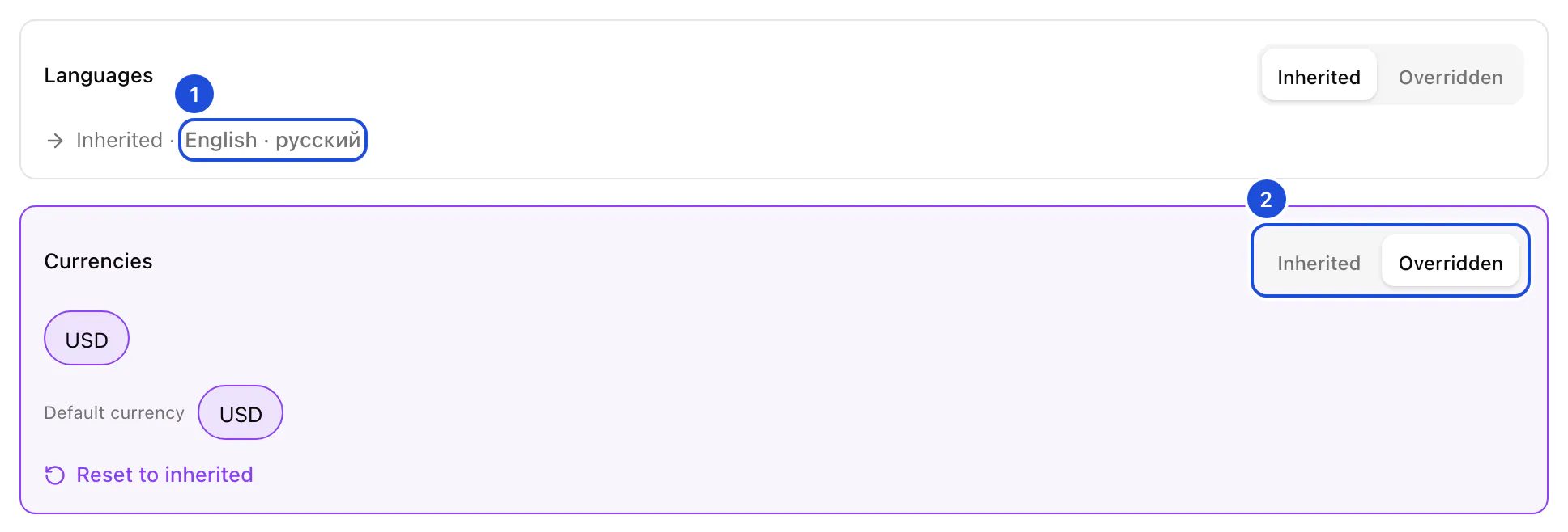 A location's Settings tab: Languages inherited from the organization, Currencies overridden and highlighted.