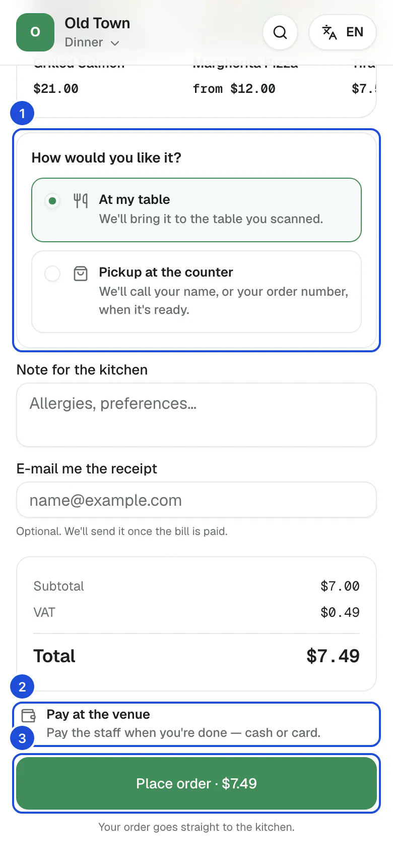 The order page at table 11: one dish, the choice between the table and pickup, the receipt address, the total and the button that sends the order.