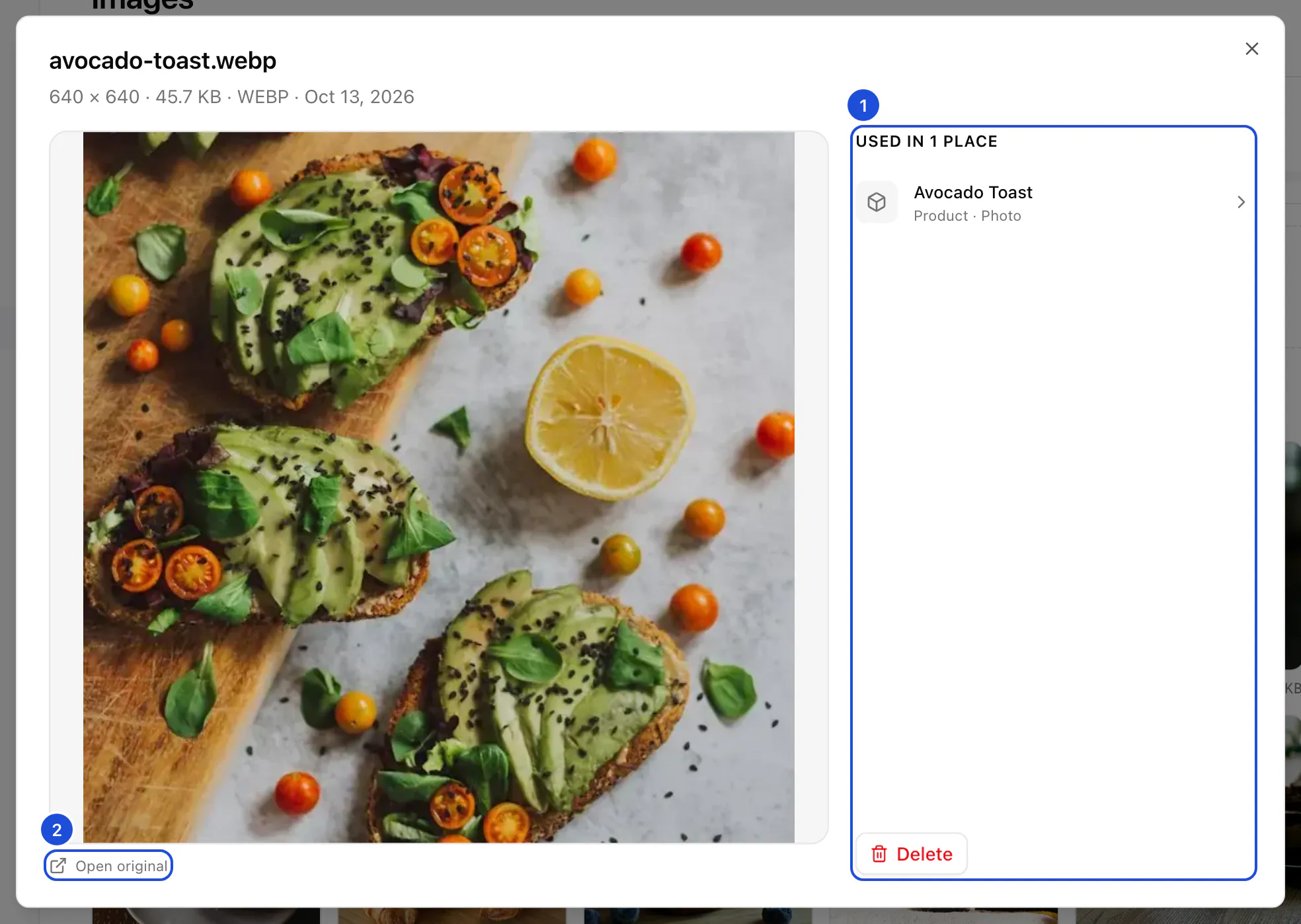 An image opened from the library: the photo, its file name and size, and the dish it is used for.