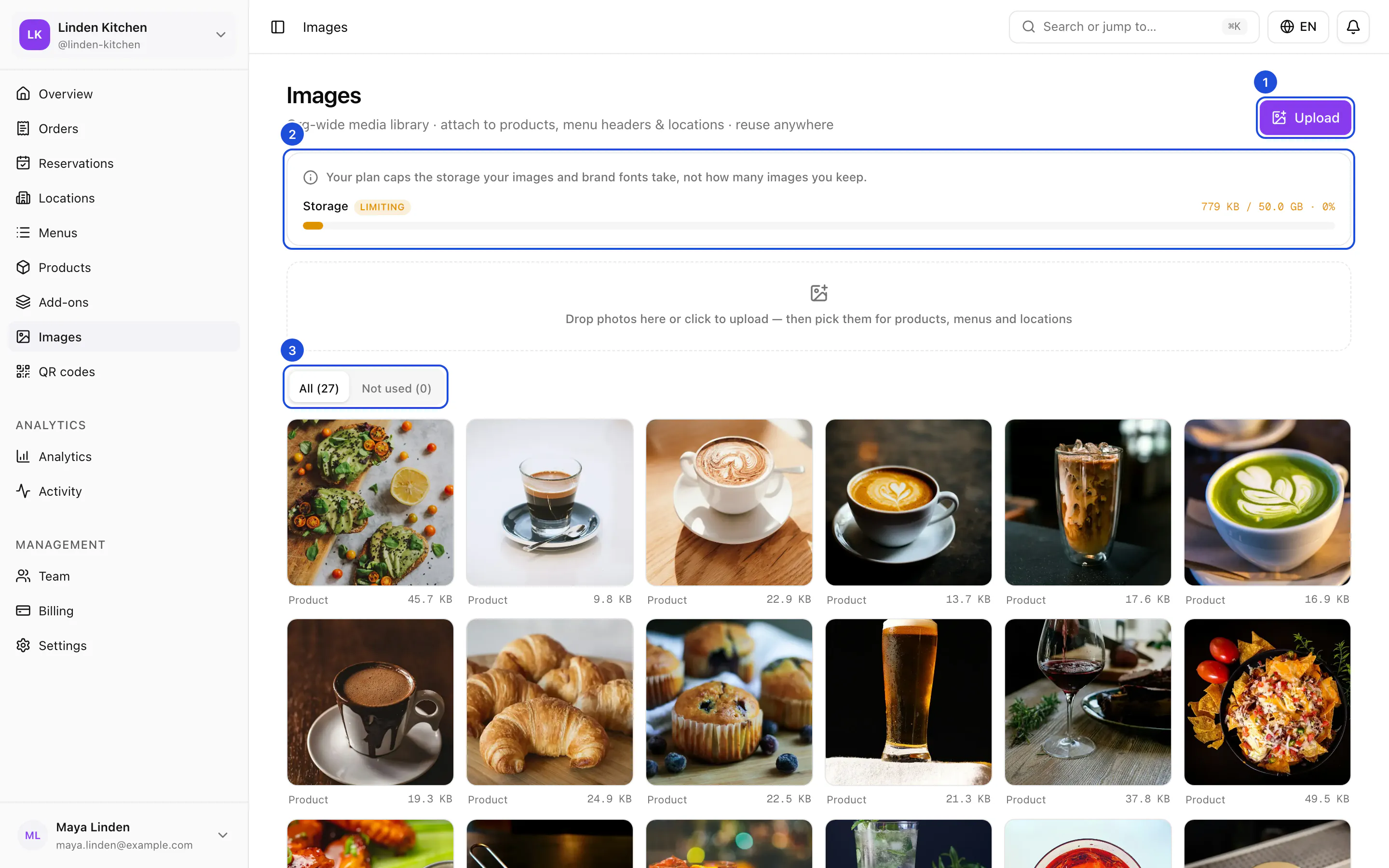 The Images page: the Upload button, the storage meter, the drop zone, and a grid of dish photos.