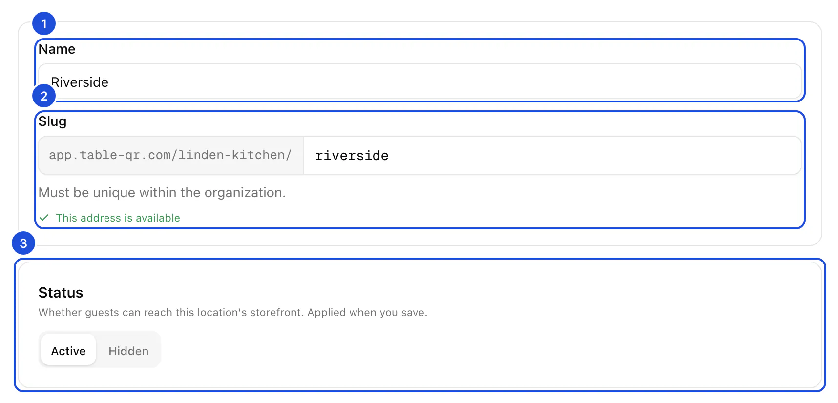 The top of the New location form: the name Riverside, its link filled in and marked as available, and the status set to Active.
