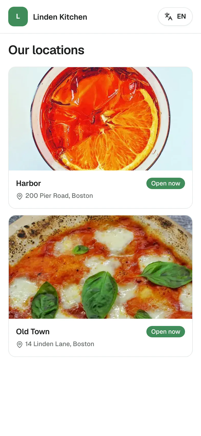 The list of Linden Kitchen's locations on a phone: Harbor and Old Town, each with its photo, its address and whether it is open now.
