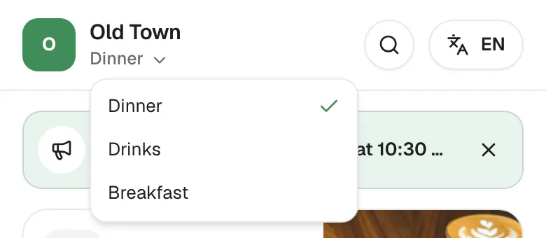 Old Town's guest menu on a phone: under the venue's name, the menu switcher is open with Dinner ticked and Drinks and Breakfast below it.