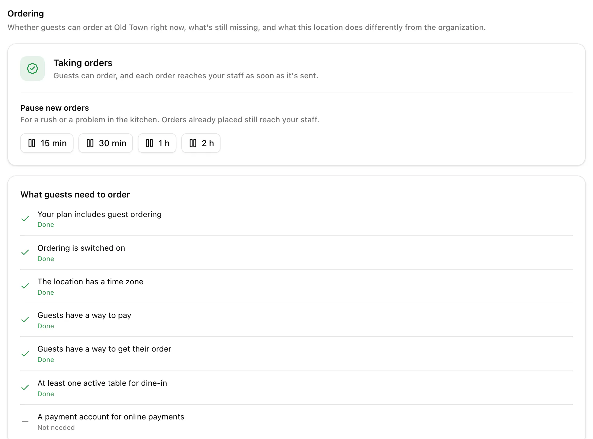 A location's Ordering tab: taking orders, the pause buttons and a readiness checklist with every item done.