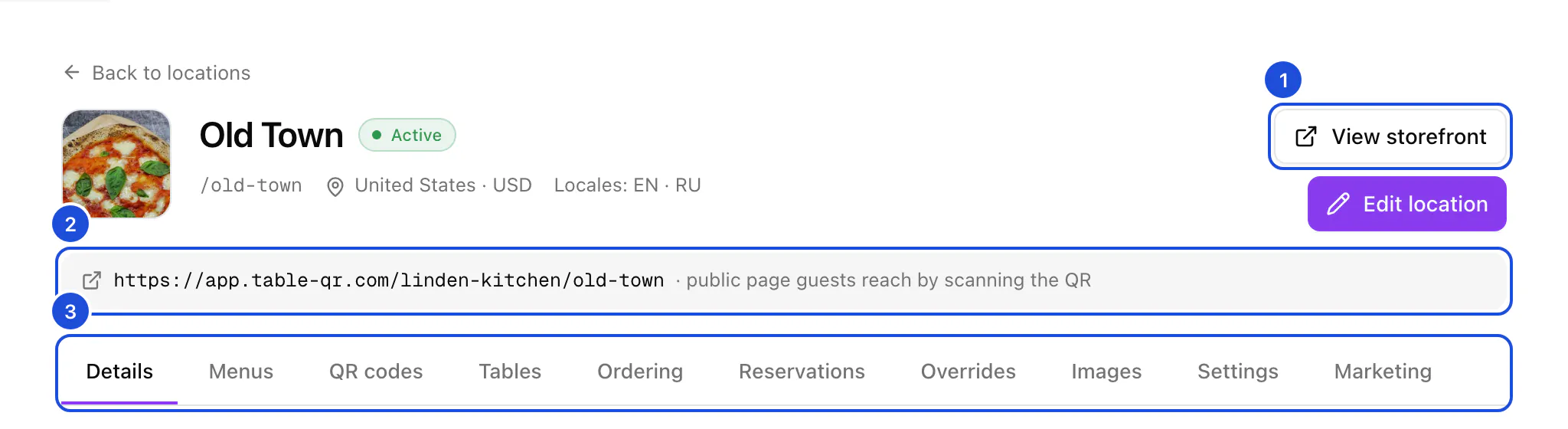The top of Old Town's page: its photo, name and status, its link, country, currency and languages, the address guests reach, and the row of tabs.