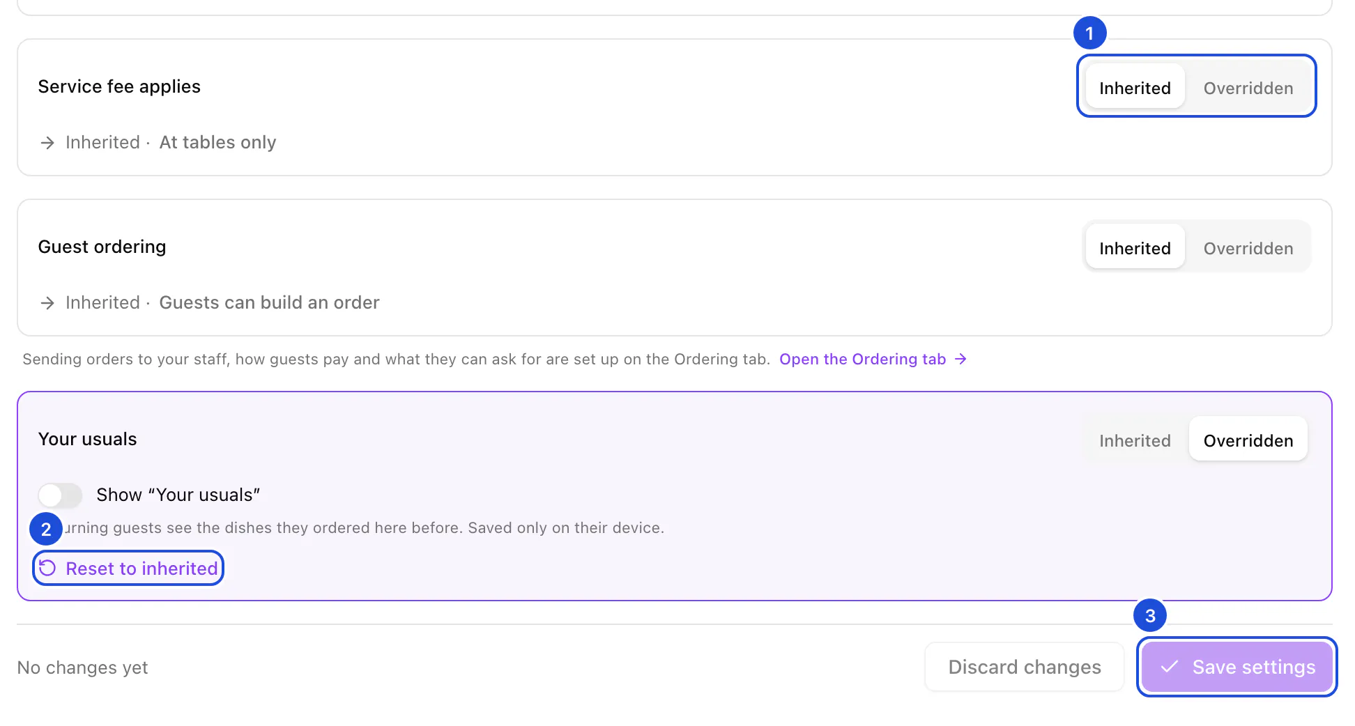 The lower part of Harbor's Settings tab: where the service fee applies and guest ordering follow the organization, Your usuals is overridden and switched off, and the save bar.