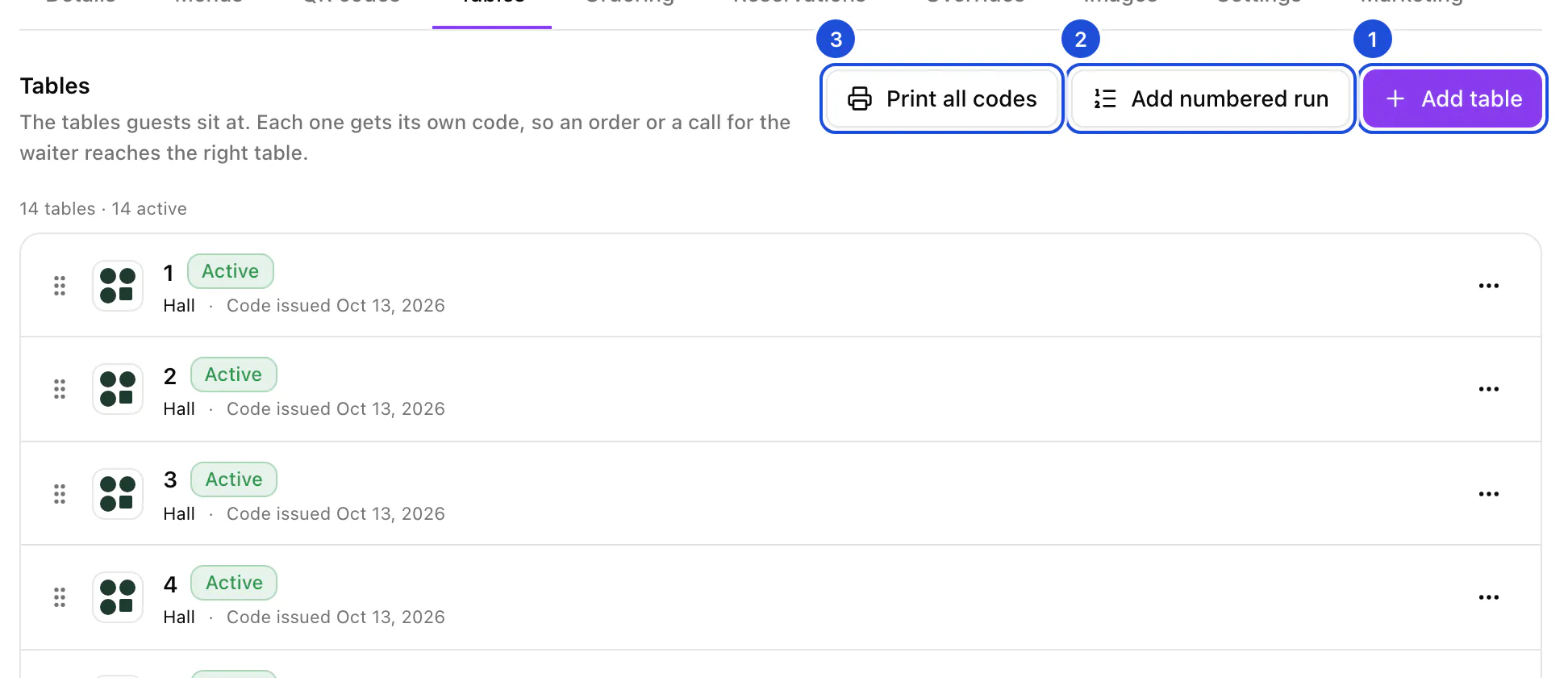 A location's Tables tab with its first tables and their codes.