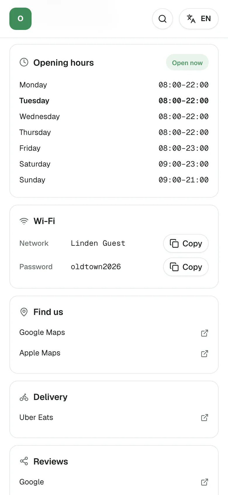Further down Old Town's venue page: the opening hours with today marked, the guest Wi-Fi with copy buttons, and the map, delivery and review links.