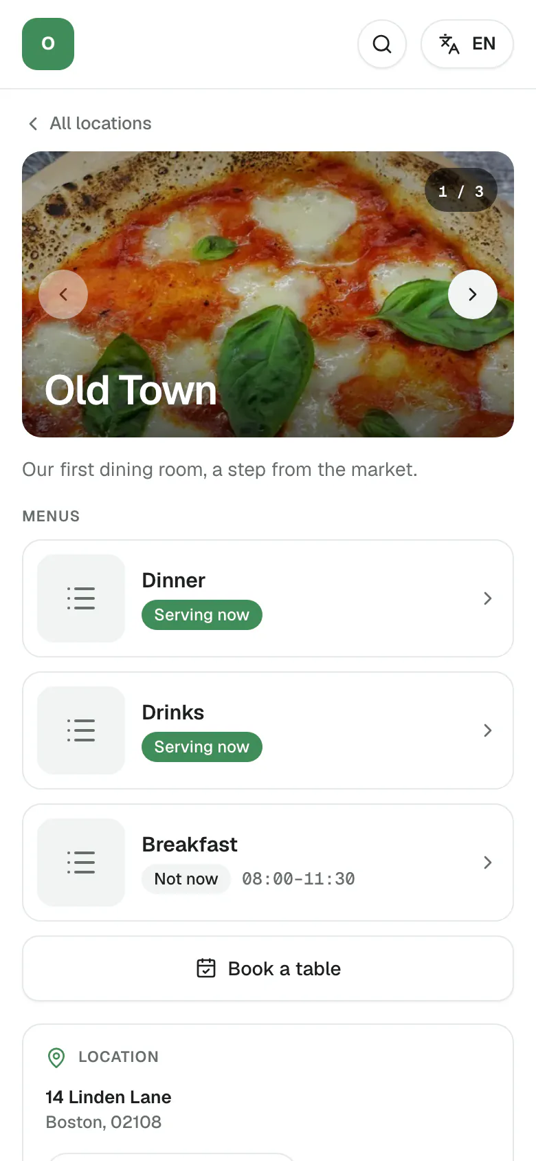 Old Town's venue page on a phone: a photo of a pizza, the venue's name and a line about it, and a card for each of its three menus with today's hours.