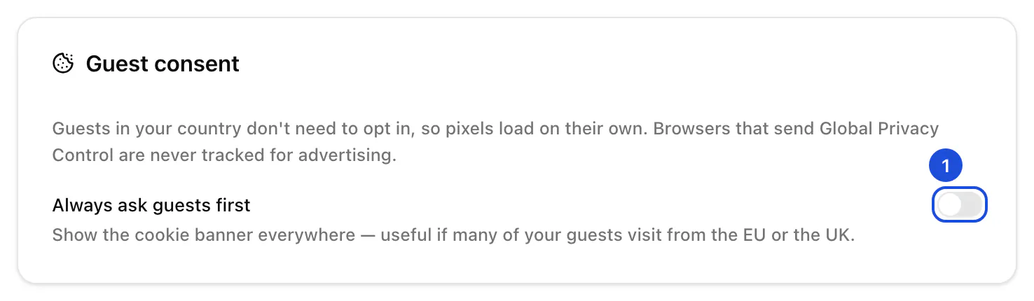 The Guest consent card: guests in the organization's country don't need to opt in, and asking every guest is switched off.