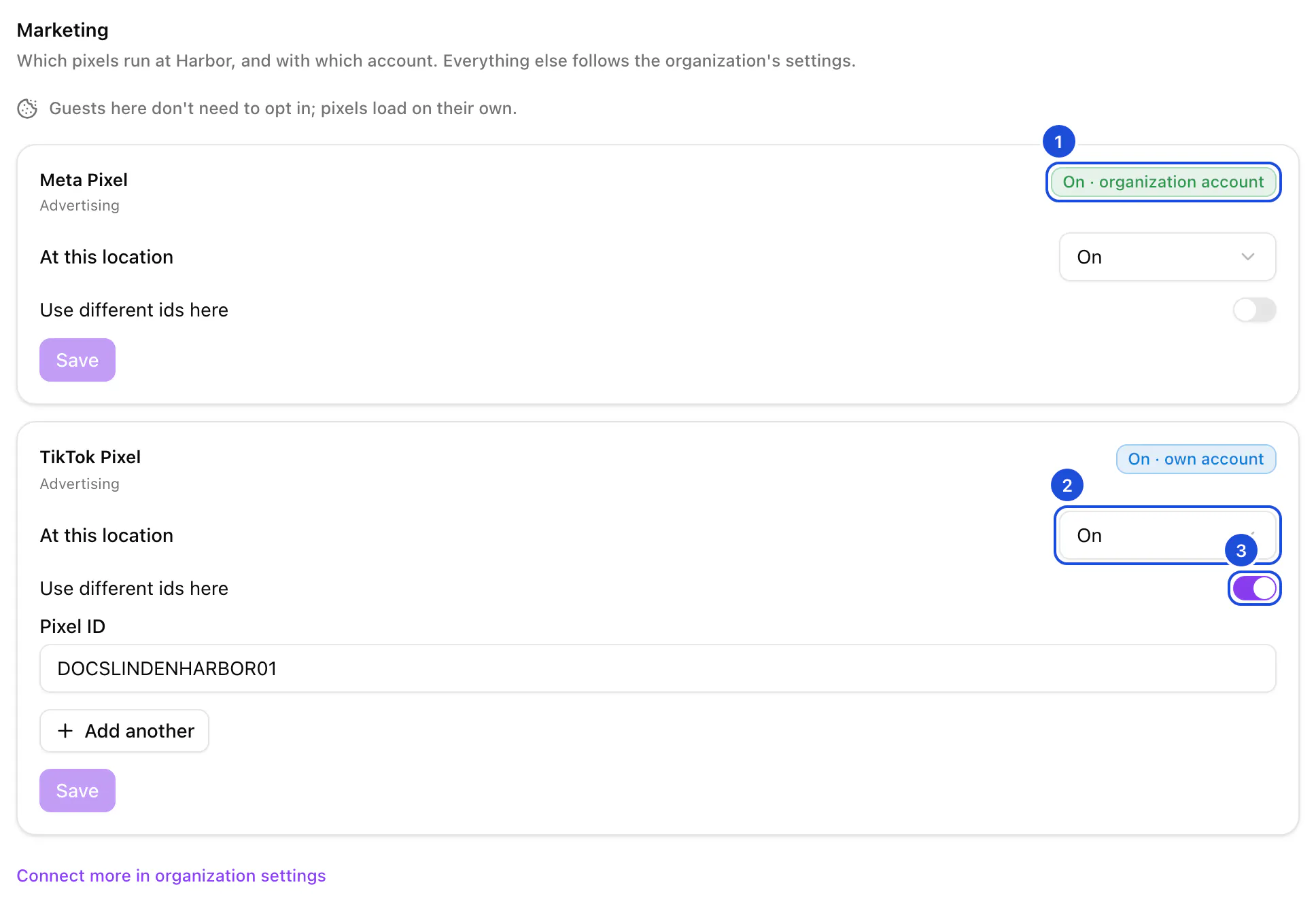 Harbor's Marketing tab: Meta Pixel on with the organization's account, TikTok Pixel on with Harbor's own pixel id.
