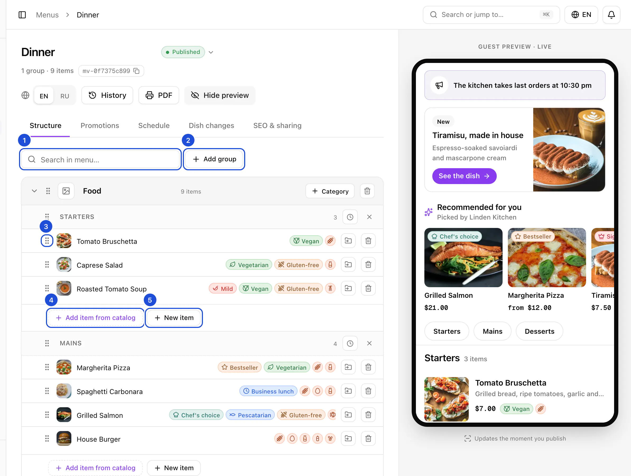 The Dinner menu in the builder: the Food group with its Starters and Mains categories and their dishes, and the guest preview on the right.