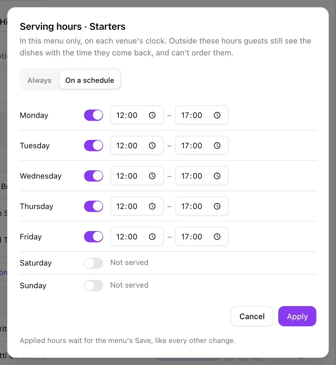 Setting the serving hours of the Starters category in the Dinner menu: on a schedule, Monday to Friday from 12:00 to 17:00, not served at the weekend.