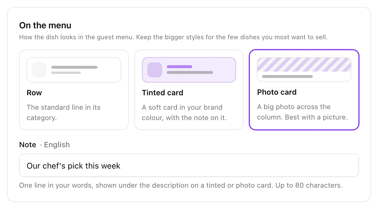 The On the menu section of a dish: Photo card chosen, with the note Our chef's pick this week.