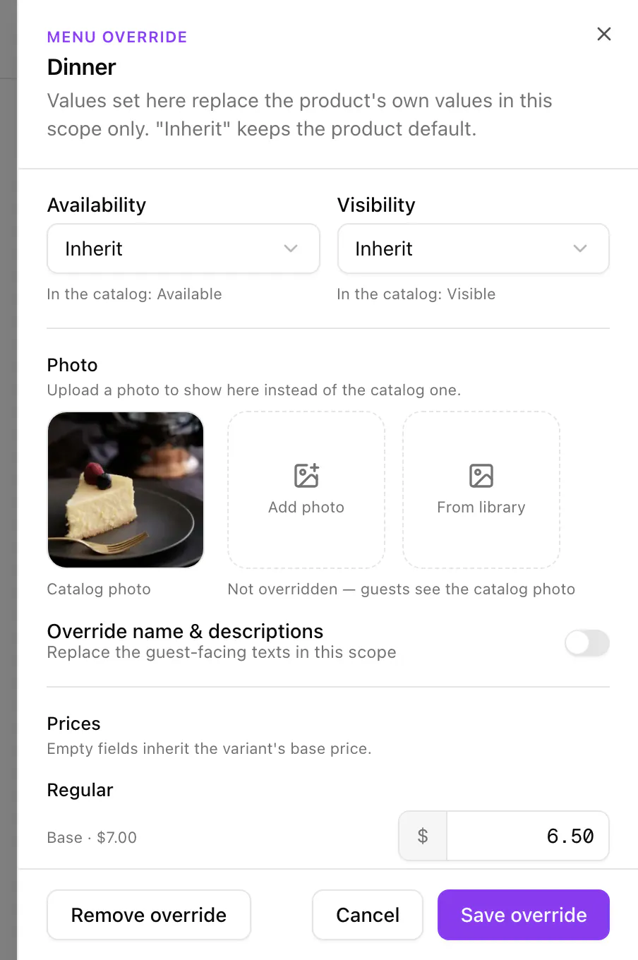 The Dinner menu's override of Baked Cheesecake: availability and visibility inherited, the catalogue photo, and a price of its own on this menu.