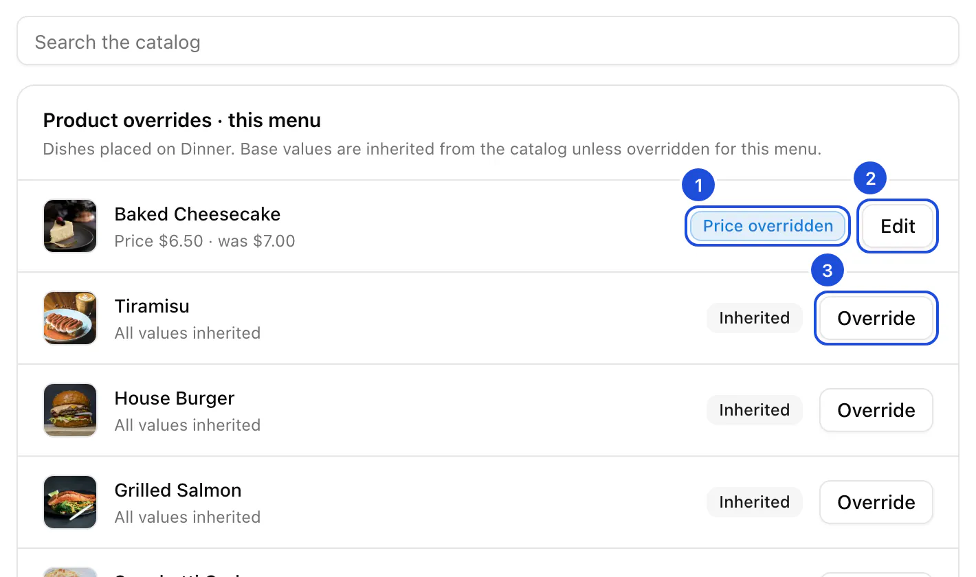 The Dish changes tab of the Dinner menu: Baked Cheesecake has its own price on this menu, the other dishes inherit everything.