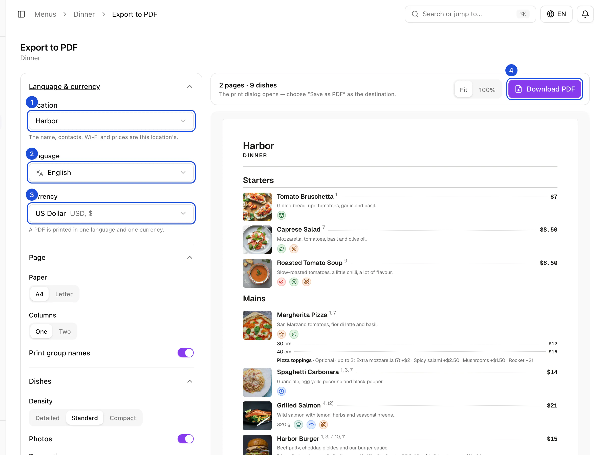 Printing the Dinner menu: the location, language and currency on the left, and the first page of the PDF on the right.