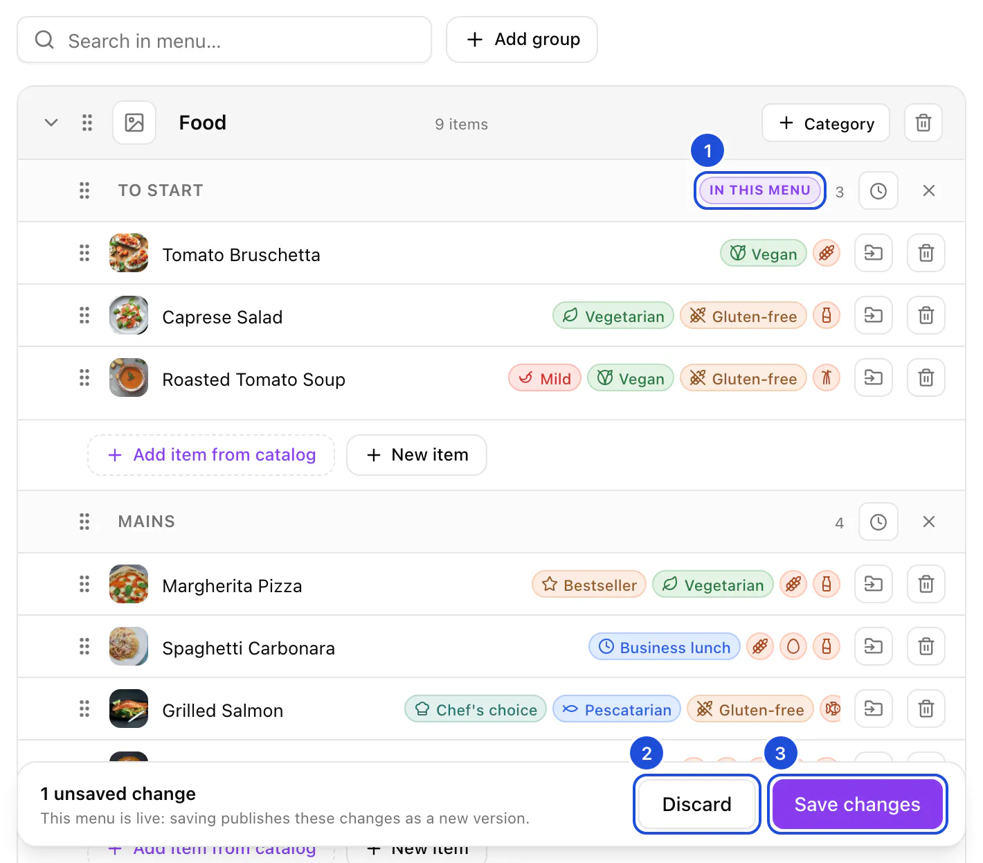 A published menu with one unsaved change: a category renamed for this menu, and the save bar with Discard and Save changes.