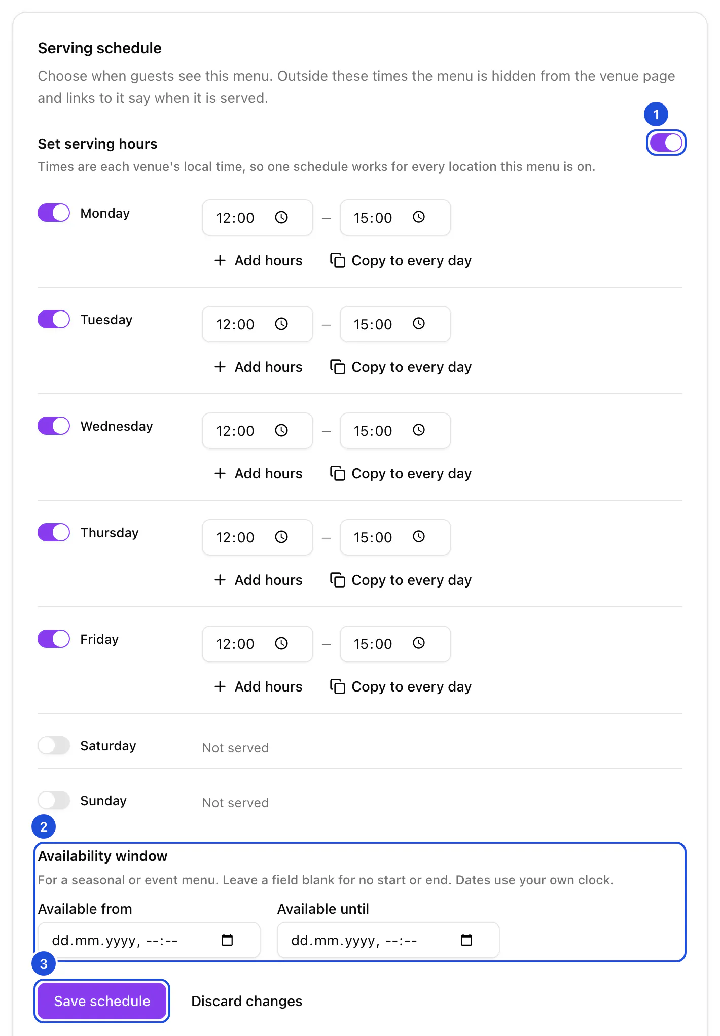 The Schedule tab of a lunch menu: served Monday to Friday from 12:00 to 15:00, with an availability window below and the Save schedule button.
